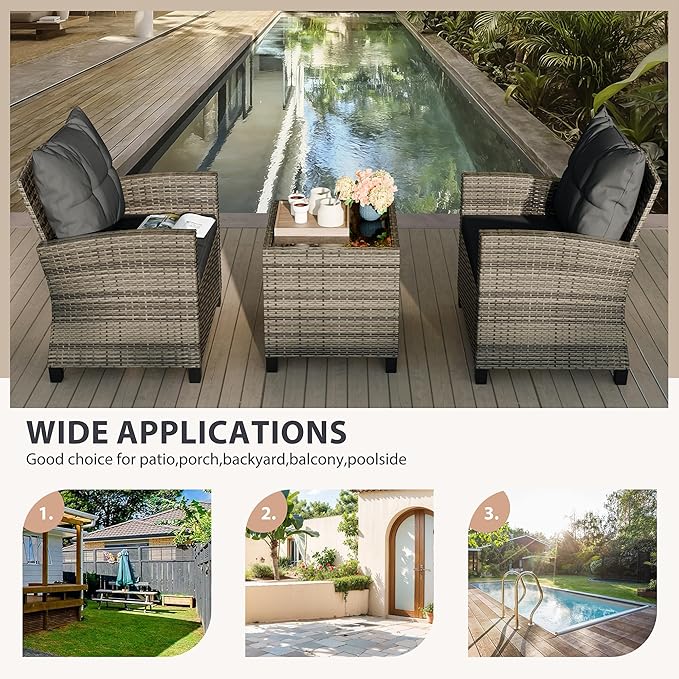 Vongrasig 3 Piece Patio Furniture Set Small Outdoor Wicker Rattan Front Porch Bistro Set Cushioned Patio Chairs Conversation Set with Glass Table for Lawn, Garden, Backyard, Balcony, Poolside (Gray)
