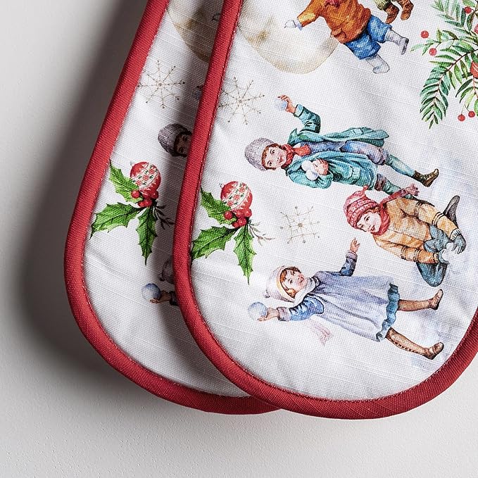 Maison d' Hermine Double Oven Mitt (7" x 35") 100% Cotton Heat Resistant BBQ Cooking Gloves with Loop for Thanksgiving Christmas Decorations Baking Cooking Barbeque Handling Hot Pan (Chromo)