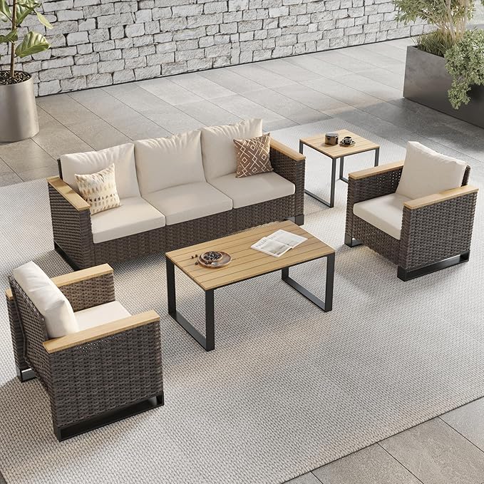Ypati 5-Piece Handwoven Rattan Patio Modern Design Conversation Set, Aluminum Frame and Wooden-Style Armrest, for Porch, Balcony, Garden, 3-Seats Sofa, 2 Single Sofas with Tables, Black & Light Gray