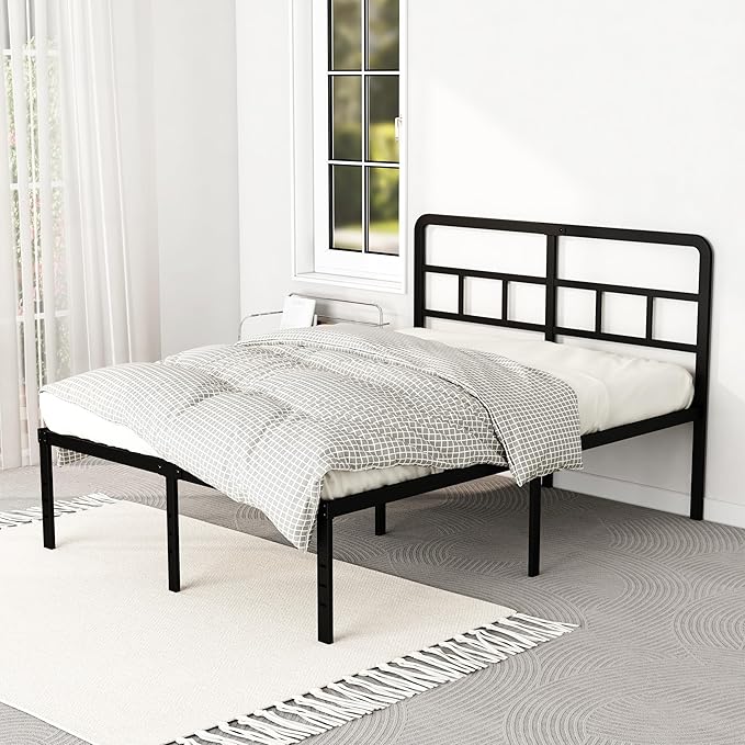 18 Inch Queen Bed Frame with Headboard No Box Spring Needed, Heavy Duty Metal Queen Size Platform with Steel Slat, Mattress Foundation, Easy Assembly, Noise Free, Black