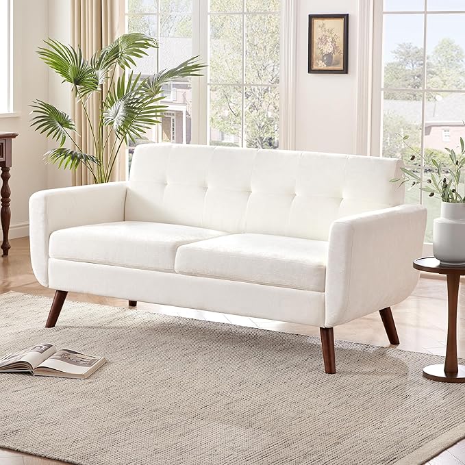 Tbfit 65" W Loveseat Sofa, Mid Century Modern Couches Love Seats for Living Room, Button Tufted Upholstered Small Couch for Bedroom, Solid and Easy to Install Love Seats Furniture, White