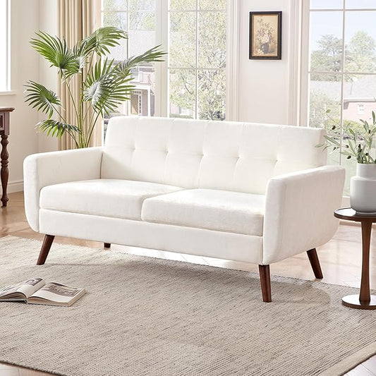 Tbfit 65" W Loveseat Sofa, Mid Century Modern Couches Love Seats for Living Room, Button Tufted Upholstered Small Couch for Bedroom, Solid and Easy to Install Love Seats Furniture, White