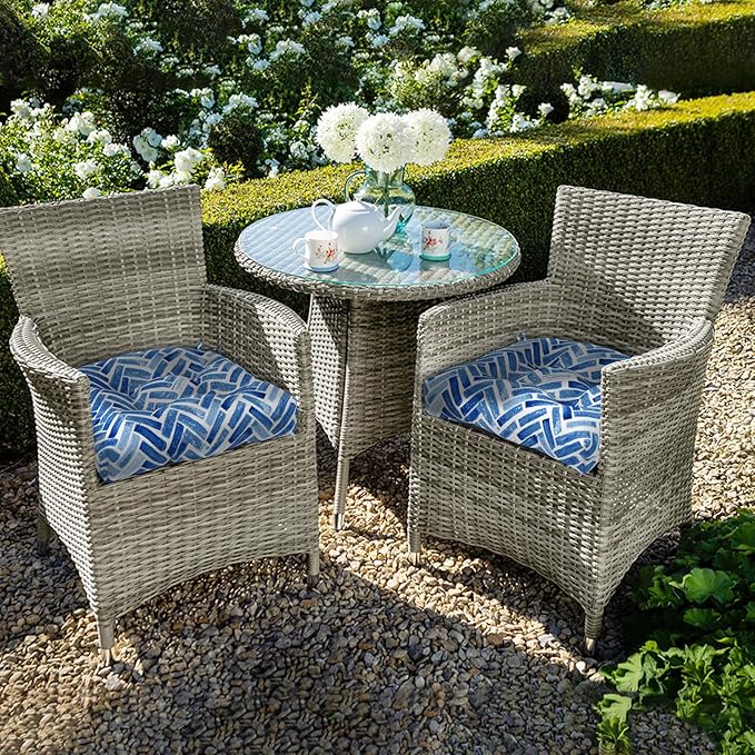 Set of 2 Outdoor Tufted Chair Cushions 19"x19"x4", Water Repellent Patio Seat Cushions with Ties, Replacement Chair Pads for Wicker Dining and Patio Furniture - Blue Bricks