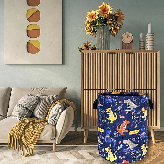 Funny Dinosaur Laundry Basket Foldable Oxford Cloth Colorful Laundry Hamper With Handle Portable Clothes Storage Basket 18.9 X 16.5 Inch Storage Bag For Laundry Room/Bathroom/Bedroom