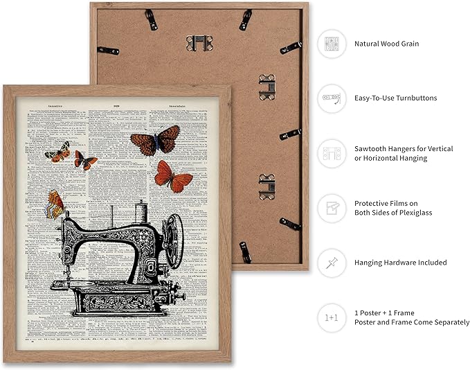 Poster Master Dictionary Art Poster - Sewing Machine Print - Sewing Art - Butterfly Art - Gift for Men, Women & Dressmaker - Chic Decor for Living Room, Bedroom or Office, 11x14 Beige Framed