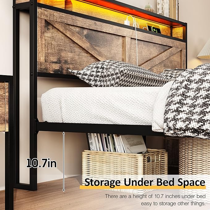 Vabches Queen Size Bed Frame with Headboard and Charging Station, Brown Platform Bed Frame with Led Light, No Box Spring Needed, Noise Free Farmhouse Bedroom Set