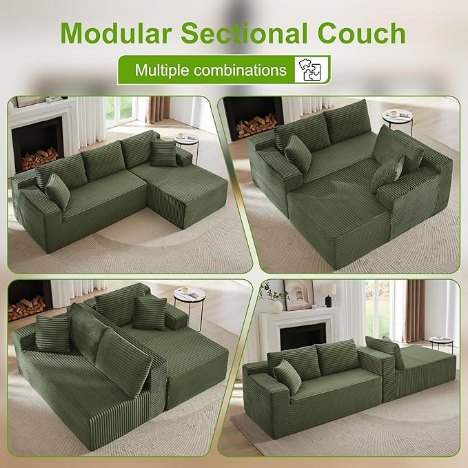 105''Sectional Cloud Couch with L Shaped Chaise,Modern Modular Sectional Sofa,Comfy Sectional Couches for Living Room,Bedroom,Apartment (Green, Right Facing Chaise)