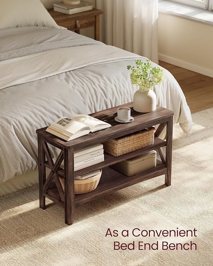 VASAGLE, Entryway Storage Bench, 2-Tier Shoe Rack, 11.8 x 31.5 x 18.9 Inches, Holds up to 300 lb, Farmhouse Style, for Living Room, Bedroom, Maroon Brown ULSB053K51