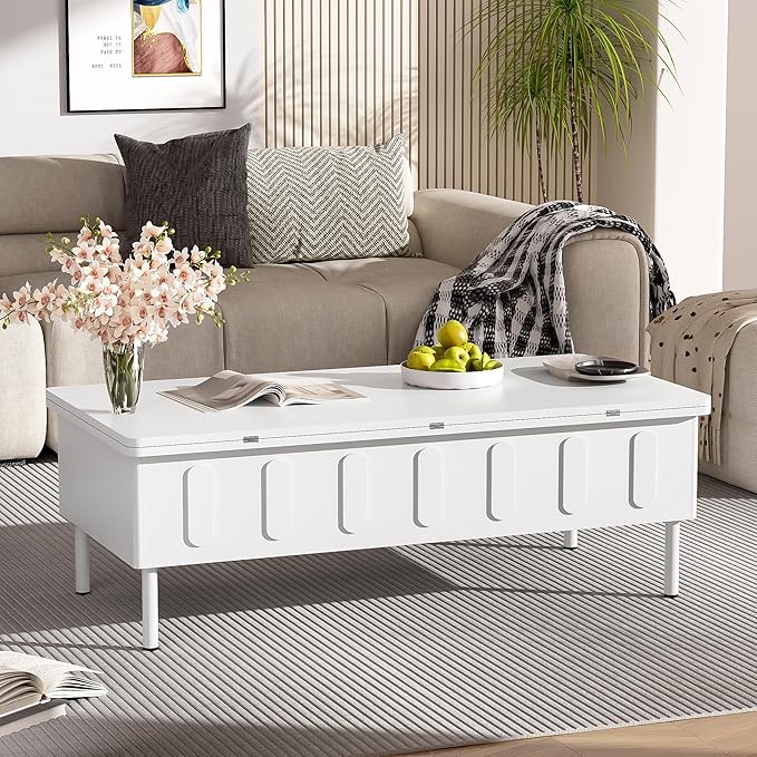 WILLIAMSPACE 43.3" Rectangular Lift-Top Coffee Table with 2 Drawers, Modern Center Table with Foldable Top, Multi-Functional Adjustable Dining Table with Storage Compartment for Living Room, White