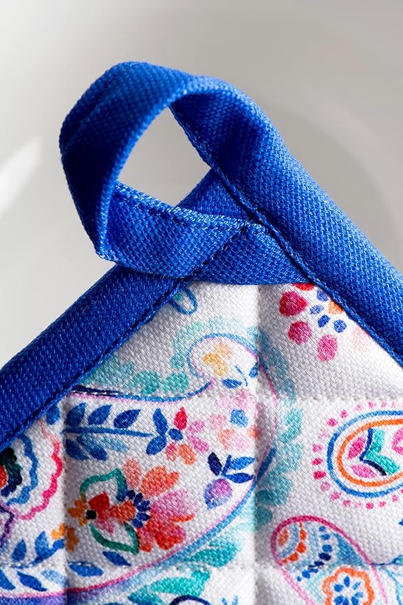 Maison d' Hermine 100% Cotton Oven Mitt & Pot Holder Set (7.5"x13" & 8"x8") Heat Resistant BBQ Cooking Gloves with Loop, Baking, Grilling, Kitchen, Handling Hot Pans Spring/Summer (Indian Floral)