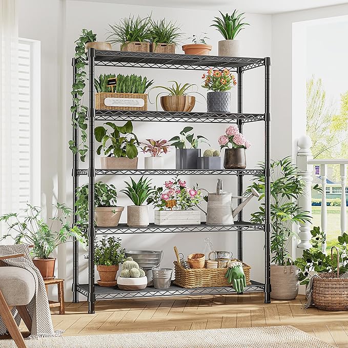 REIBII Storage Shelves with Wheels Wide Wire Shelving Unit with Wheels 75.2"H Tall Metal Shelves for Storage Sturdy Heavy Duty Shelving Deep Pantry Shelves 5 Tier Storage Rack, Keep Organized, 2 Pack