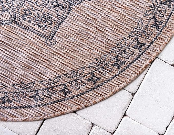 Unique Loom Outdoor Traditional Collection Area Rug - Antique (4' 1" Round, Beige/ Black)