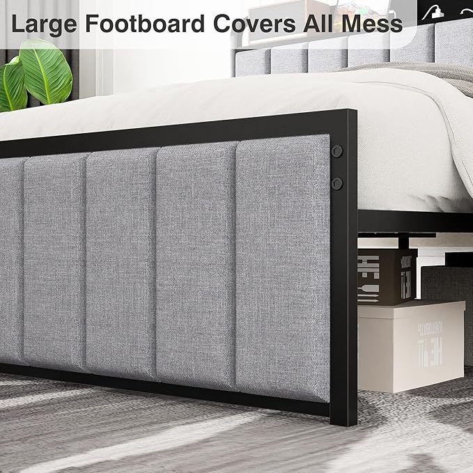 VECELO Bed Frame Full Size with Headboard, Upholstered Platform Bedframe, Heavy Duty Metal Slats, No Box Spring Needed, Easy Assembly, Grey