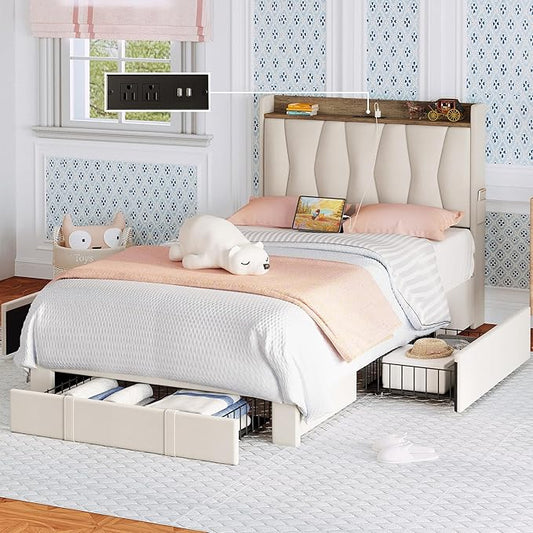 ANCTOR Twin Bed Frame with 3 Drawers, Upholstered Platform Bed with Storage Headboard and Charging Station, No Box Spring Needed, Easy Assembly, Beige