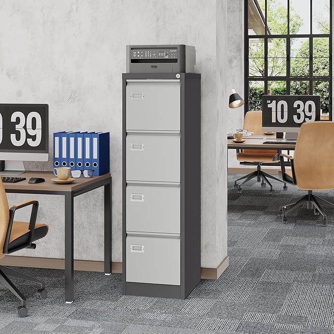 Vertical Small Filing Cabinet Steel Lockable Storage Cabinets for Home Office Hanging Letter/Legal/F4/A4 (4 Drawer, Black Gray)