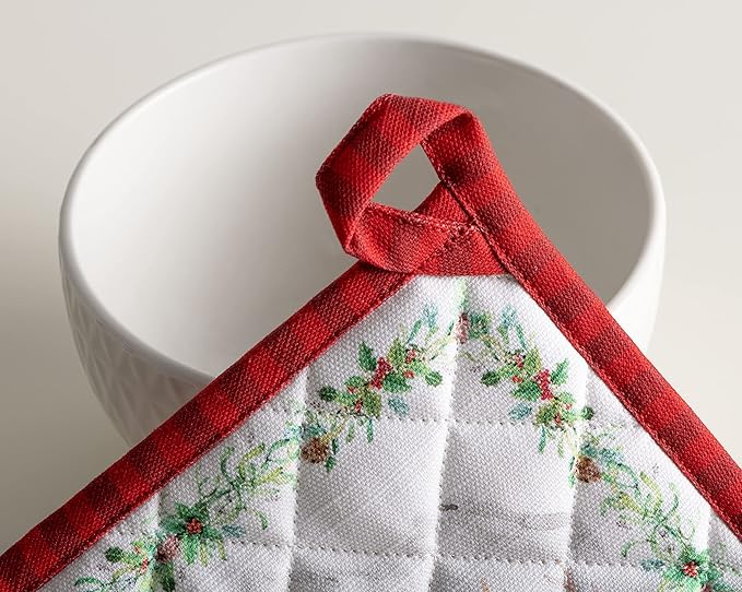 Maison d' Hermine 100% Cotton Oven Mitt & Pot Holder Set (7.5"x13" & 8"x8") Heat Resistant BBQ Cooking Gloves with Loop for Thanksgiving Christmas Decorations Handling Hot Pans (Christmas Tradition)