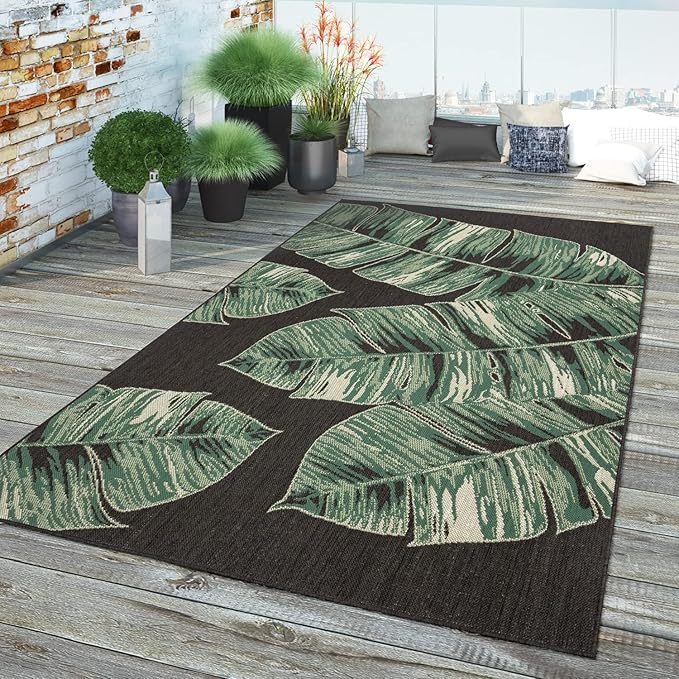 Tropical Outdoor Rug Jungle Leaves Design for Patio in Black Green, Size: 2'8" x 4'11"