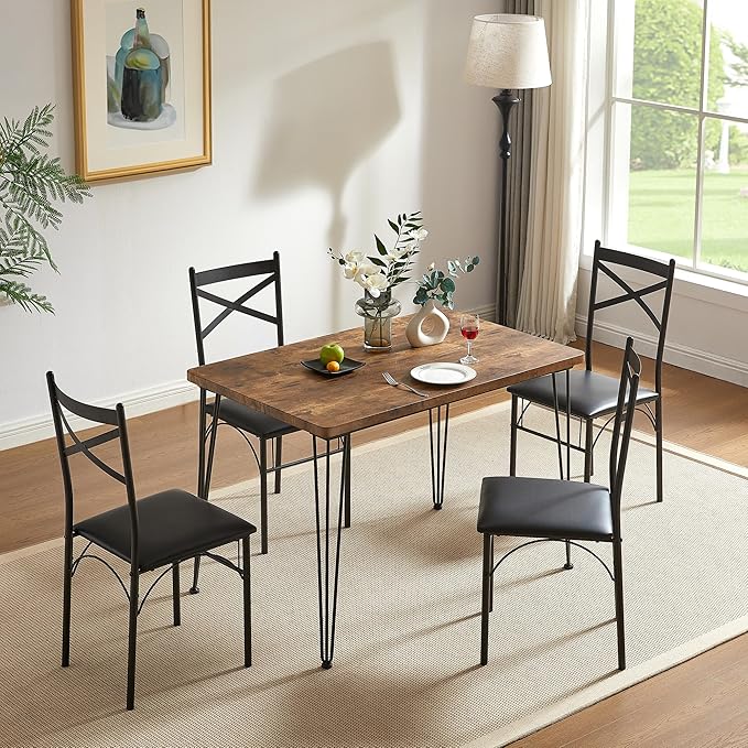 VECELO Kitchen Dining Room Table Set with 4 Chairs for Small Space, Apartment,Metal Steel Frame