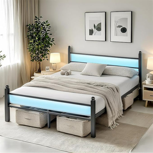 Full Size Bed Frame with Headboard and Footboard,Steel Slats Support-LED Bed Frame with USB Charging Station,Mattress Foundation-Under Bed Storage, No Box Spring Needed,Noise Free,Black
