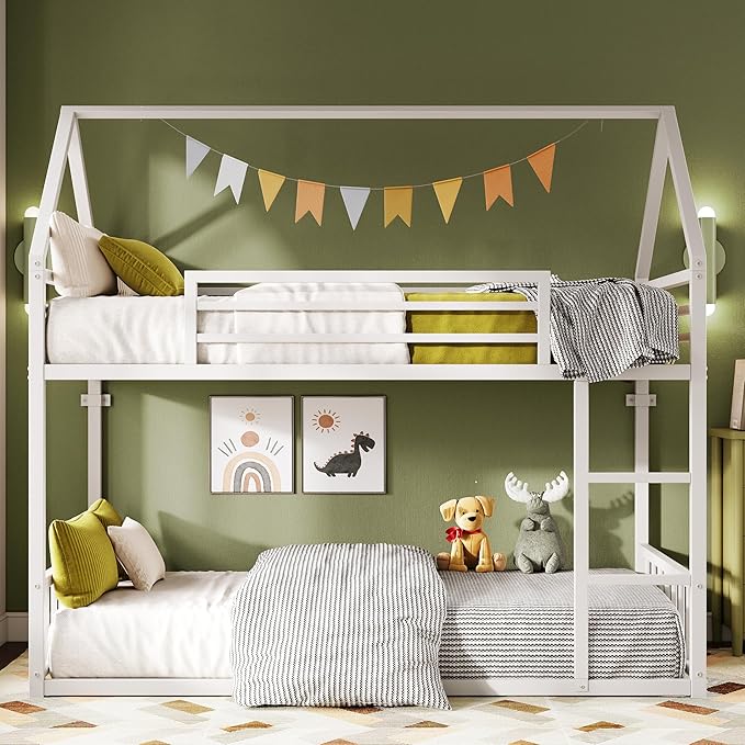 LIKIMIO Bunk Bed Twin XL Over Twin XL, Metal Bunk Bed Frame with Ladder and Guardrail, House Shaped with Metal Slats for Dormitory and Bedroom, Space Saving, No Box Spring Needed, White