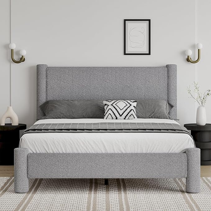 Queen Size Bed Frame, Boucle Upholstered Platform Bed with Headboard and Footboard, Soft Rounded Corners, No Box Spring Required, Easy Assembly, Light Grey