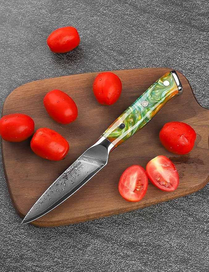 3.5 Inch Paring Knife - Kitchen Fruit Vegetable Knife Damascus Steel & Resin Handle - Xuan Series (Fantasy Orange)