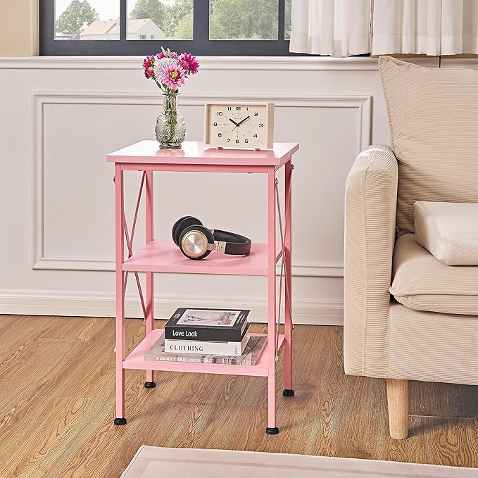 VECELO End Table Set of 2, Bedside Table, 24" Tall Living Room End Tables, X-Design Reinforced Nightstands, Side Table with 3-Tier Storage Shelves for Small Spaces, Office, Bedroom, Pink