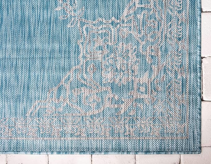 Unique Loom Outdoor Traditional Collection Area Rug - Antique (8' x 11' 4" Rectangle, Light Aqua/ Gray)