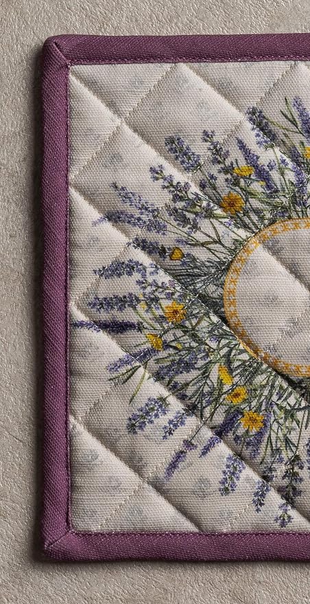 Maison d' Hermine 100% Cotton Oven Mitt & Pot Holder Set (7.5"x13" & 8"x8") Heat Resistant BBQ Cooking Gloves with Loop, Baking, Grilling, Kitchen, Handling Hot Pans Spring/Summer (Fanny Lavender)