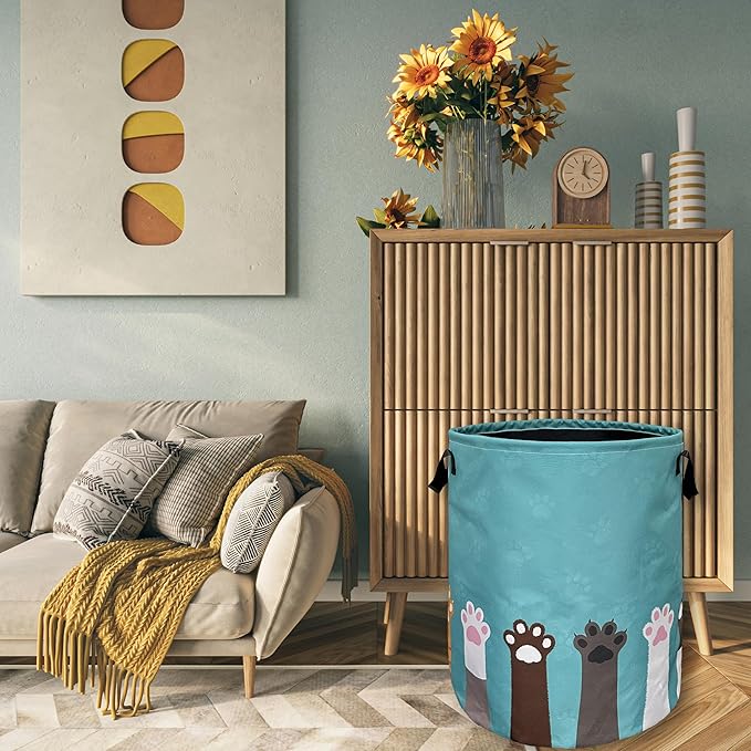 Cute Cat Paws Dog Paw Laundry Basket Foldable With Handles Tote Bag Oxford Cloth Funny Animal Laundry Hamper 18.9" x 16.5 "Clothes Storage Bucket Toy Organizer For Bathroom/Laundry/Bedroom
