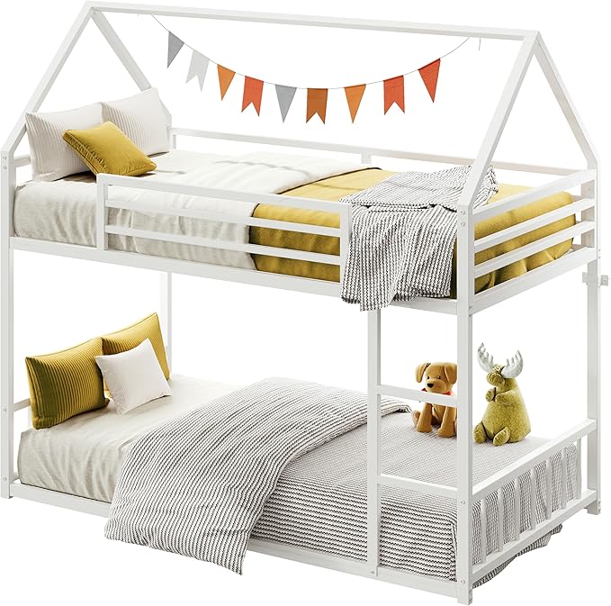 LIKIMIO Bunk Bed Twin XL Over Twin XL, Metal Bunk Bed Frame with Ladder and Guardrail, House Shaped with Metal Slats for Dormitory and Bedroom, Space Saving, No Box Spring Needed, White