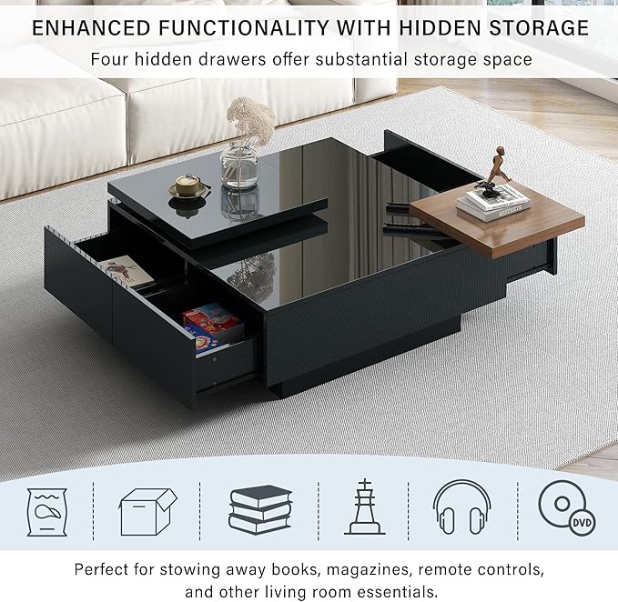 WILLIAMSPACE 31.5" Movable Top Coffee Table with 4 Hidden Storage Drawers & High Gloss Finish, Modern Square Wood Center Table Accent Side End Tea Table for Living Room, Black