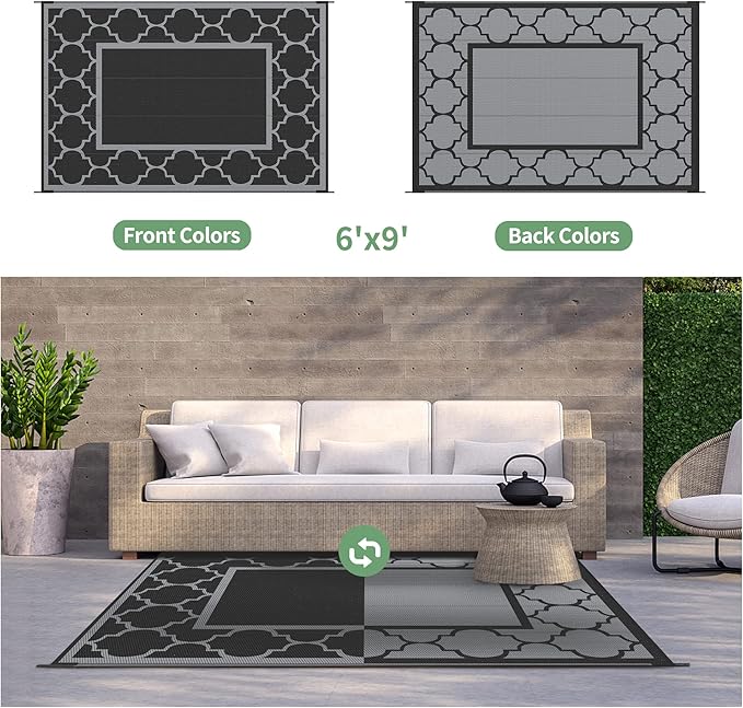 GENIMO Outdoor Rug Waterproof for Patio Decor, 6'x9' Reversible Plastic Straw Rug Carpet, Camping Mats for Outdoor, RV, Backyard, Deck, Balcony, Picnic, Black & Grey