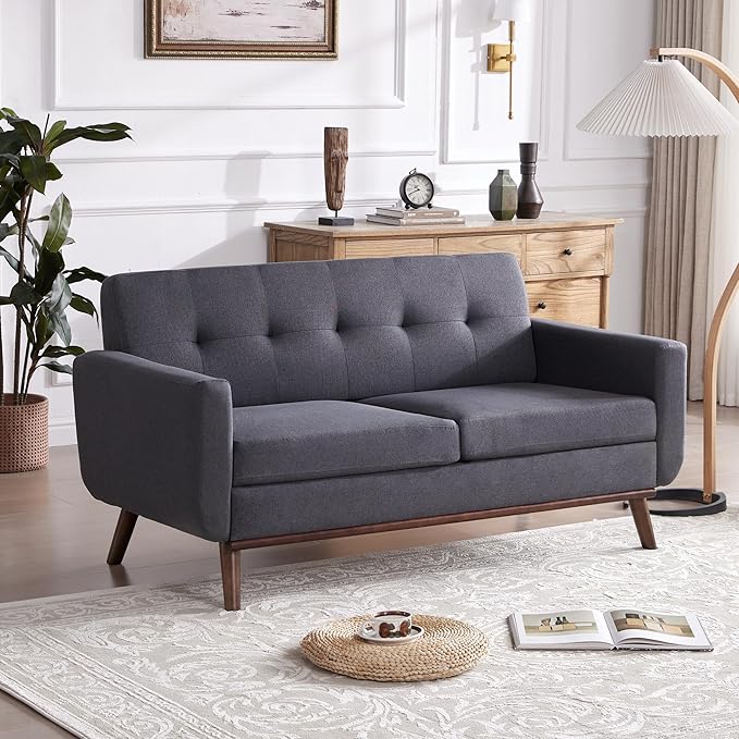 Kingfun 65" W Loveseat Sofa, Mid Century Modern Decor Love Seat Couches for Living Room, Button Tufted Upholstered Furniture, Solid & Easy to Install Small Couch for Bedroom Office Apartment,Gray