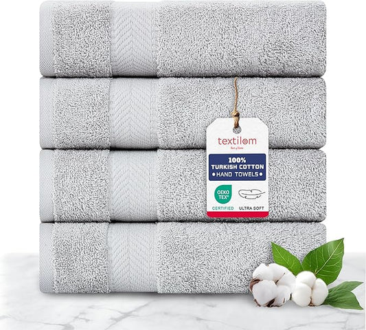 TEXTILOM 100% Turkish Cotton 4 Pcs Hand Towel Set, Luxury Hand Towels for Bathroom, Soft & Absorbent Bathroom Hand Towels Set (16 x 28 inches)- Light Grey