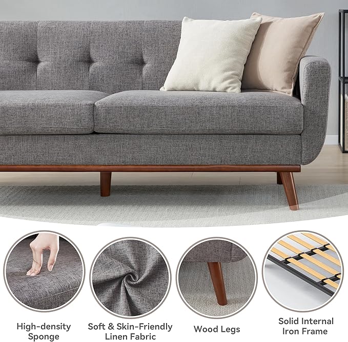 Kingfun 77.2" W Loveseat Sofa, Mid Century Modern Decor Love Seat Couches for Living Room, Button Tufted Upholstered Furniture, Solid & Easy to Install Small Couch for Bedroom Office Apartment, Gray