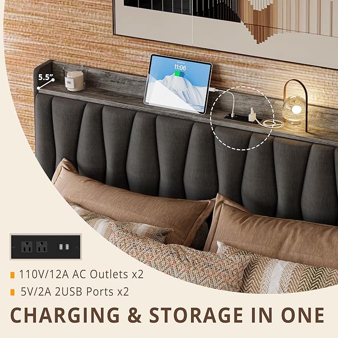ANCTOR Twin Bed Frame with 3 Drawers, Upholstered Platform Bed with Storage Headboard and Charging Station, No Box Spring Needed, Easy Assembly, Grey