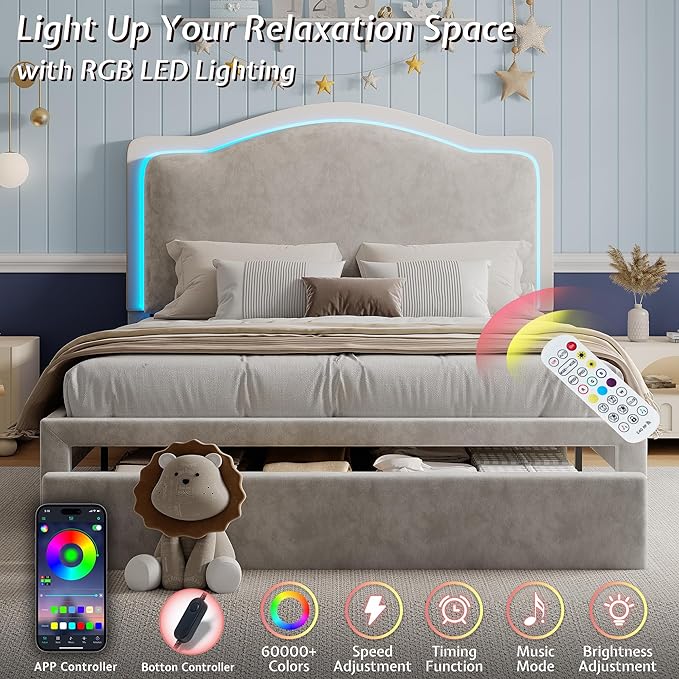 Jocisland Twin Bed Frame with 51" Tall & Thick Adjustable Headboard, Storage Drawer, RGB LED Lights, No Box Spring Needed, Velvet Upholstered, Grey