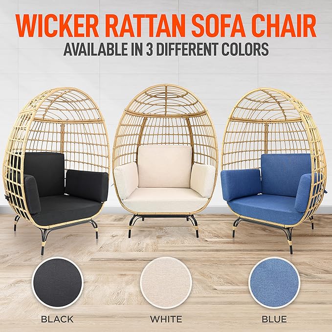 SereneLife Jovial Wicker Rattan Egg Chair,Indoor Outdoor White Sofa Chair for Patio Backyard and Living Room with 4 Cushions and Powder Coated Steel Frame,Woven Texture Contemporary Ribbed Back Design