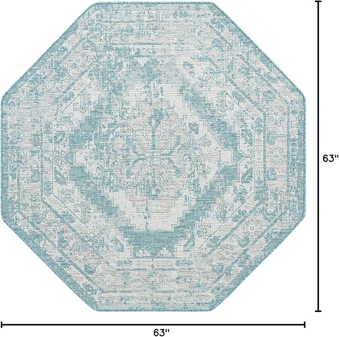 Unique Loom Outdoor Traditional Collection Area Rug - Valeria (5' 3" Octagon, Aqua/ Ivory)