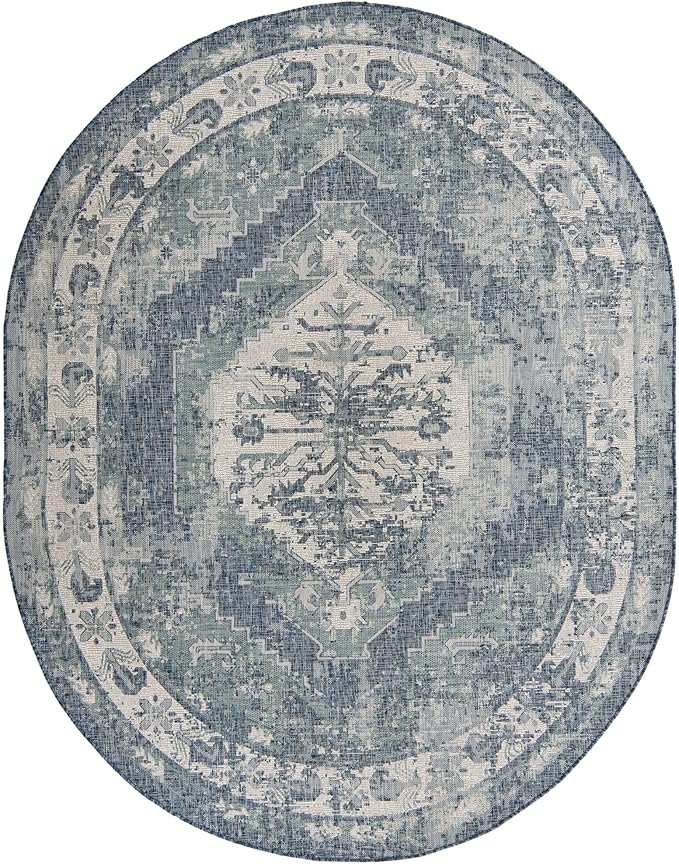 Unique Loom Outdoor Traditional Collection Area Rug - Valeria (7' 10" x 10' Oval, Blue/ Ivory)