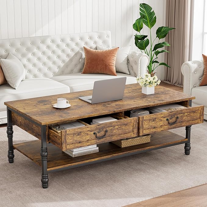 41" Rustic Coffee Table with 2 Storage Drawers, Rectangular Coffee Tables w/Storage Shelf and Metal Legs, Industrial Large Coffee Table for Living Room Office Apartment