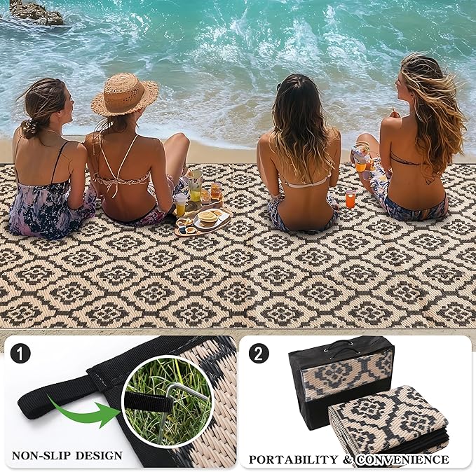 Wallona Outdoor Rugs 8x10 ft Patio Waterproof Clearance Indoor Outdoor Large Carpet for Patio Plastic Straw Reversible Area Rugs Mat for RV, Camping, Balcony, Beach, Picnic, Porch, Brick Black & Beige