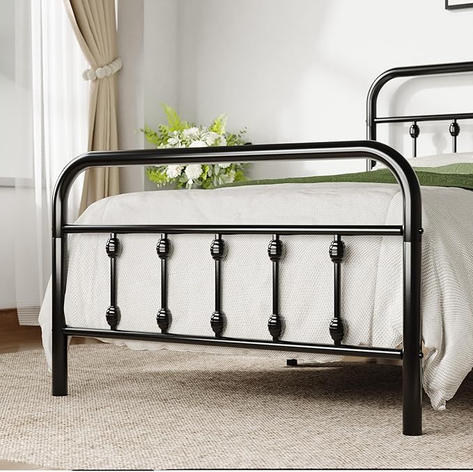 Allewie 14 Inches Twin Size Metal Platform Bed Frame with Victorian Style Iron-Art Headboard/Footboard, Mattress Foundation, Easy Assembly, Under Bed Storage, No Box Spring Required, Black
