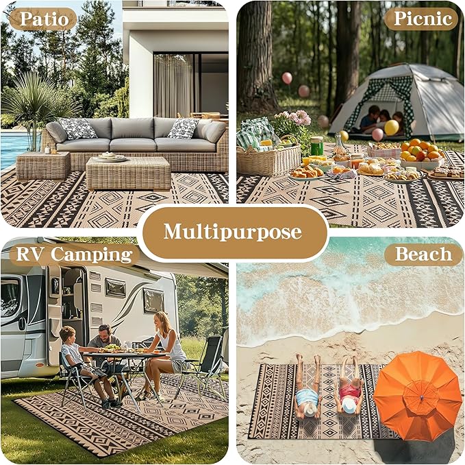 Wallona Outdoor Rugs 8x10 ft Patio Waterproof Clearance Indoor Outdoor Large Carpet for Patio Plastic Straw Reversible Area Rugs Mat for RV, Camping, Balcony, Beach, Picnic, Porch, Boho Black & Beige