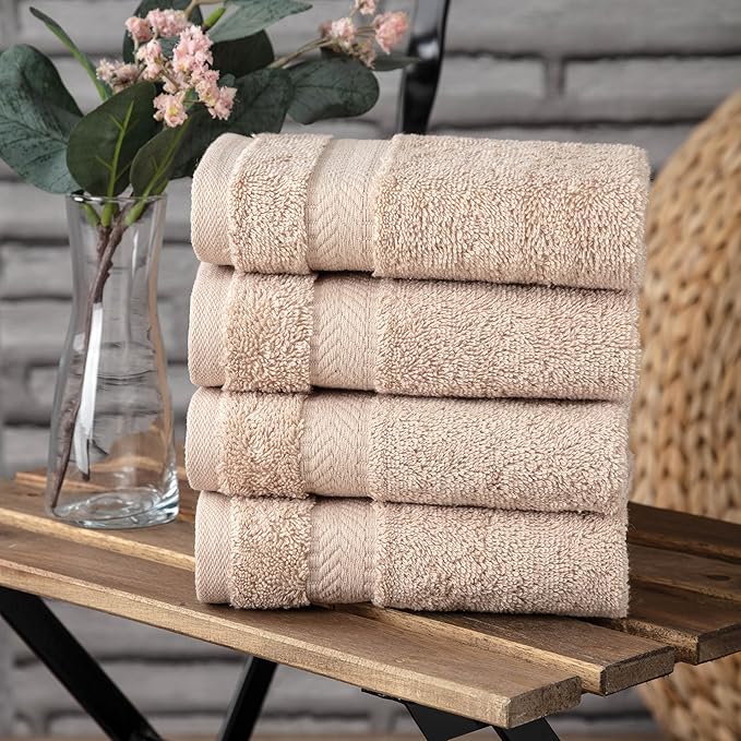 TEXTILOM 100% Turkish Cotton 4 Piece Luxury Washcloth Towel Set for Bathroom & Kitchen, Thick & Super Soft & Highly Absorbent & Quick Dry for Face and Hand- Beige
