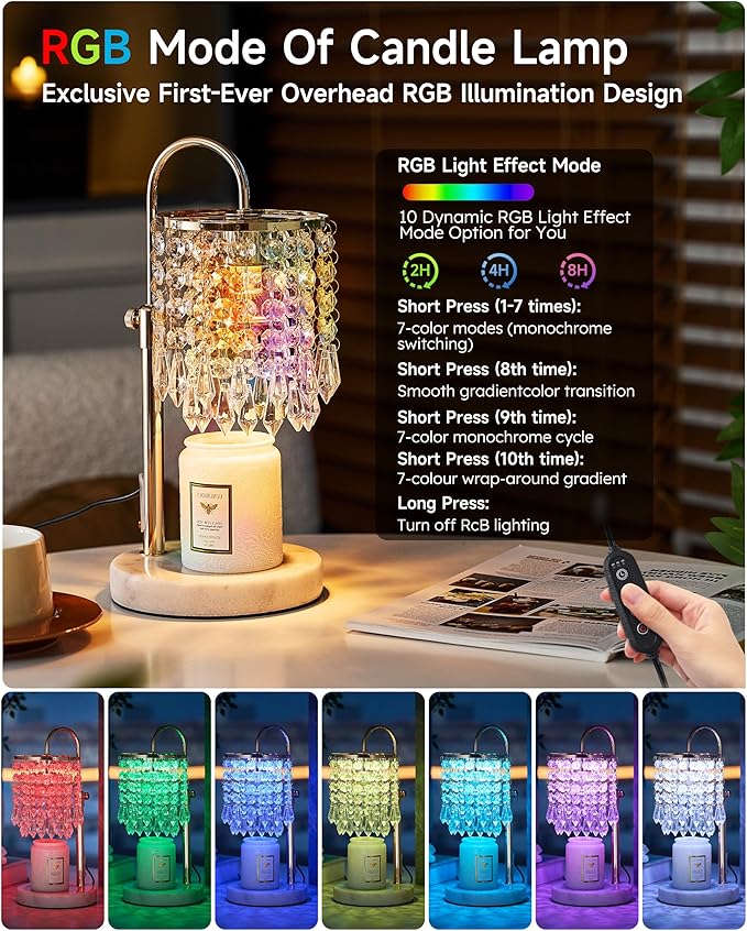 Candle Lamp Warmer with RGB Mode for Adjustable Height, Candle Warmer Lamp with Marble Base for Adjustable Height, Crystal Candle Warmer Lamp for Jar Candles, House Warming Decor Gifts, French Gold
