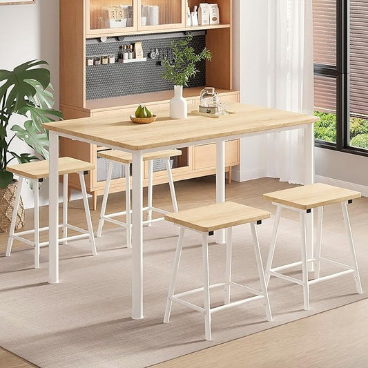 VECELO Kitchen Table and Chairs for 4, Dining Room Set with Chairs/Stools, Heavy-Duty Metal Frame with Wooden Tabletop for Small Spaces, Easy Assembly, Natural Oak
