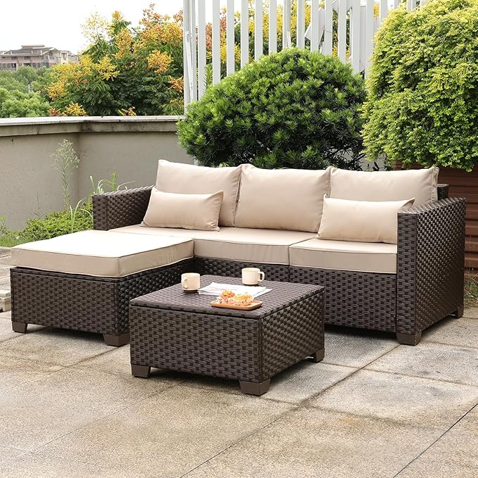 Wicker Patio Furniture Patio Couch 3 Pieces Outdoor Sectional with Ottoman and Outdoor Storage Table with Lining Weathering Anti-Slip Cushions Furniture Covers, Khaki