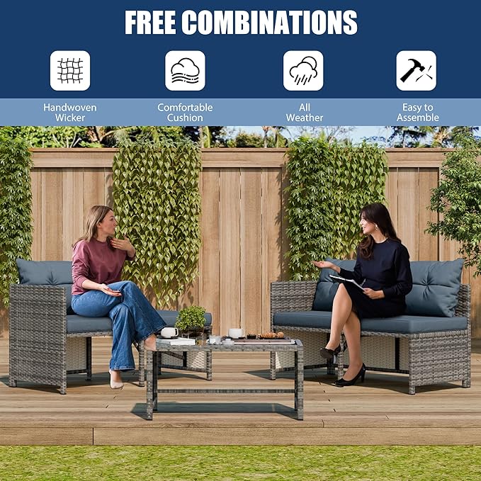 Vongrasig 3 Pieces Patio Furniture Sets, All-Weather Wicker Outdoor Sofa Couch Sectional Set, Small Conversation Set for Patio, Garden w/Cushion, Glass Table, (Blue)